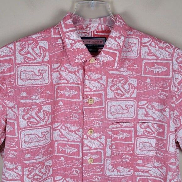 Vineyard Vines Size S Oversized Hawaiian Short Sleeve Button Up Shirt Red Pink - Picture 4 of 11